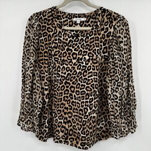 Chico's Leopard Print Knit Top Brown Black Sheer Gold Metallic Sheer Sleeve 3 XL